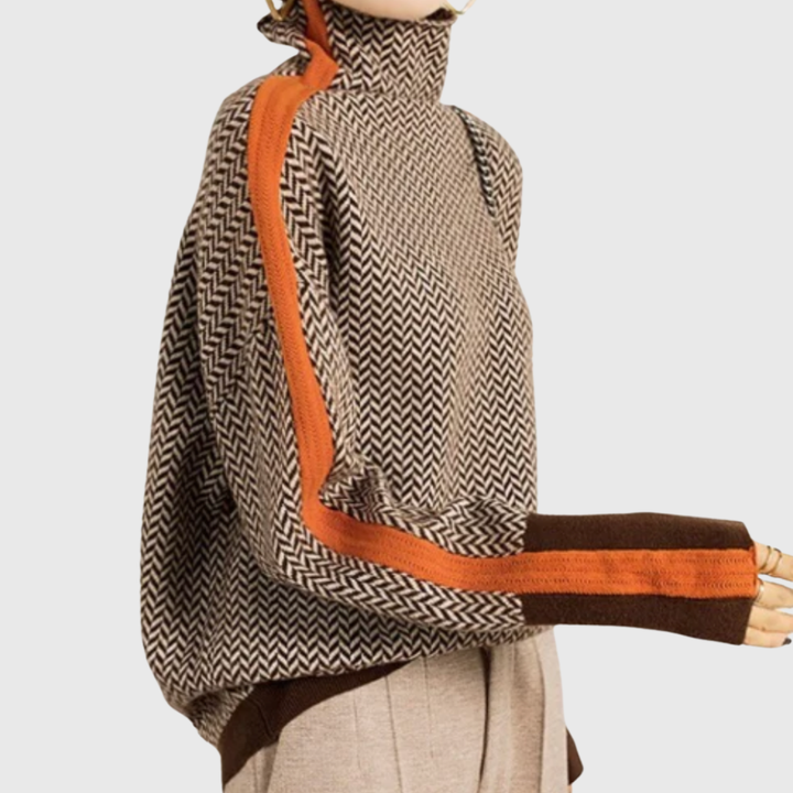 Famke | Stylový svetr s rolákem a chevron vzorem