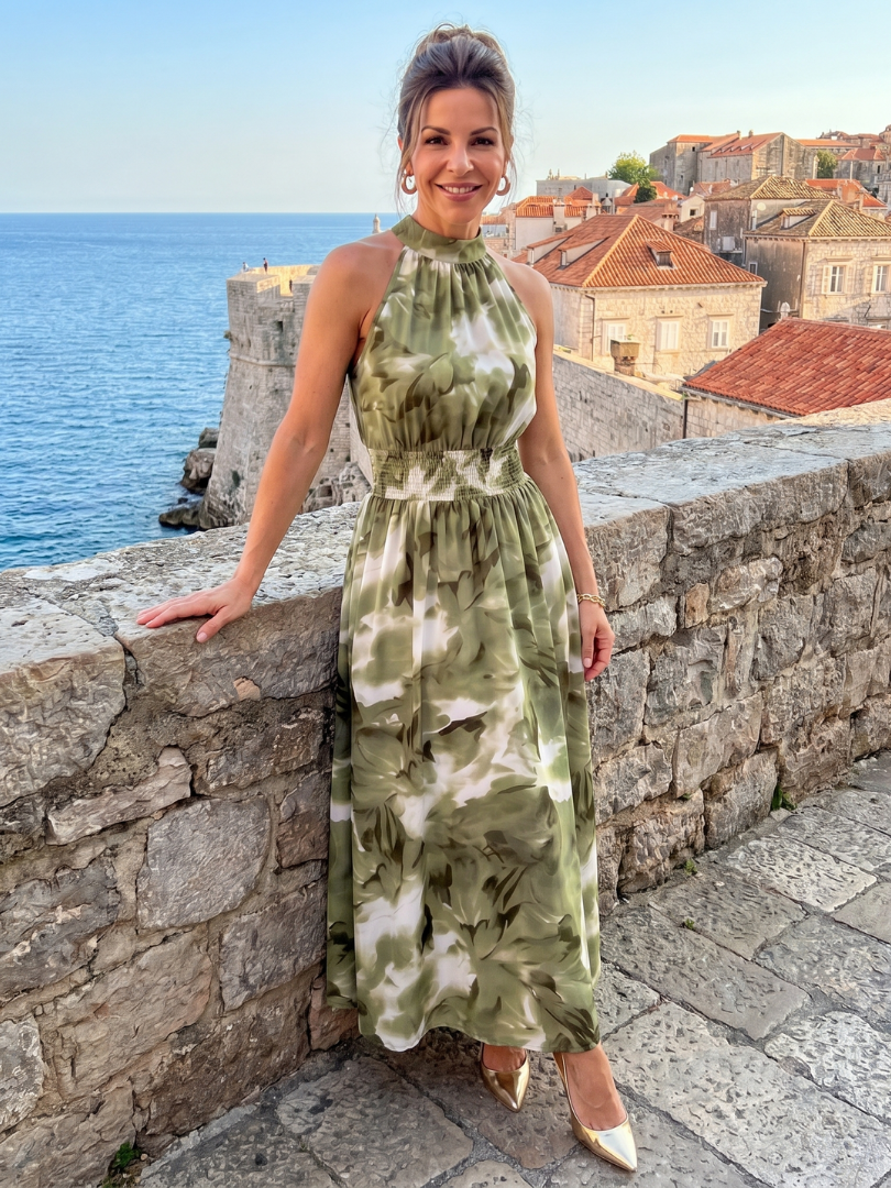 Simona | Midi šaty s nabíraným pasem a abstraktním vzorem