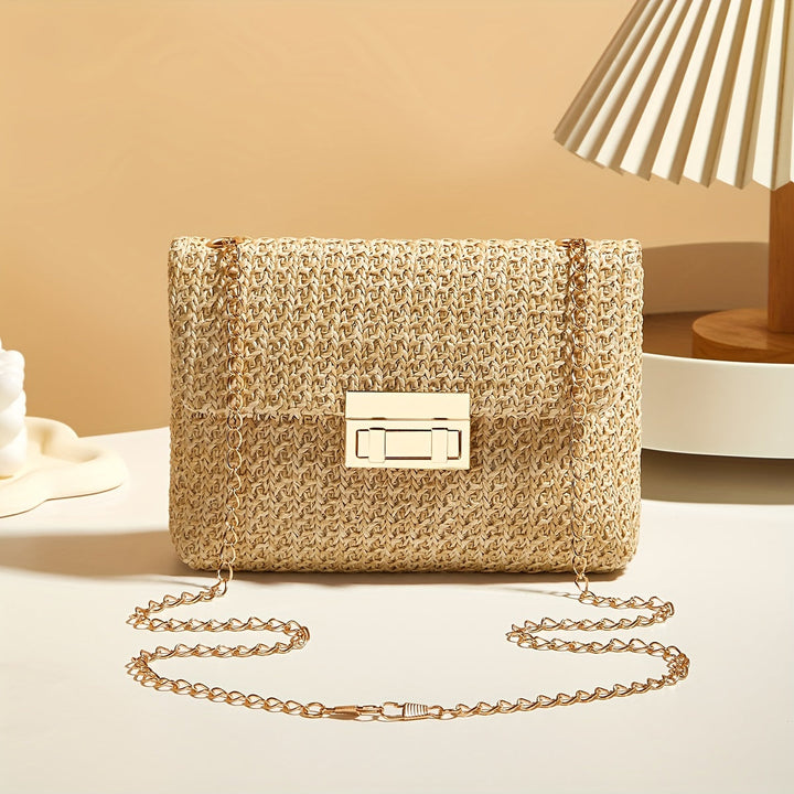 Domiziana | Čtvercová tkaná slámová crossbody taška - Světle písková