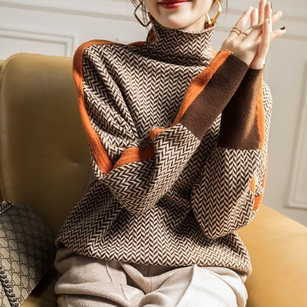 Famke | Stylový svetr s rolákem a chevron vzorem