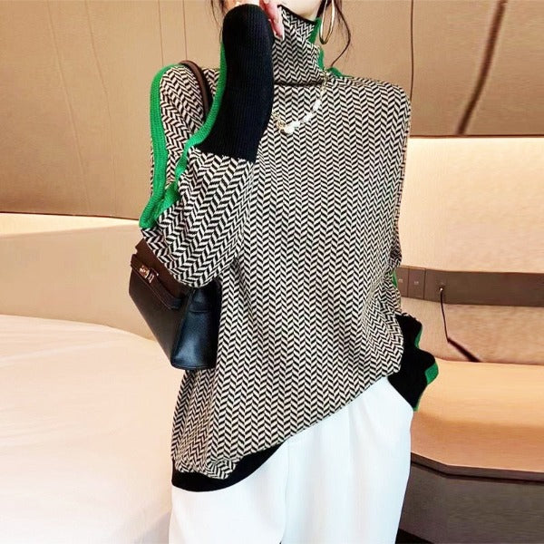 Famke | Stylový svetr s rolákem a chevron vzorem